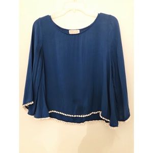 Blue Blouse with Pom-Pom Fringe